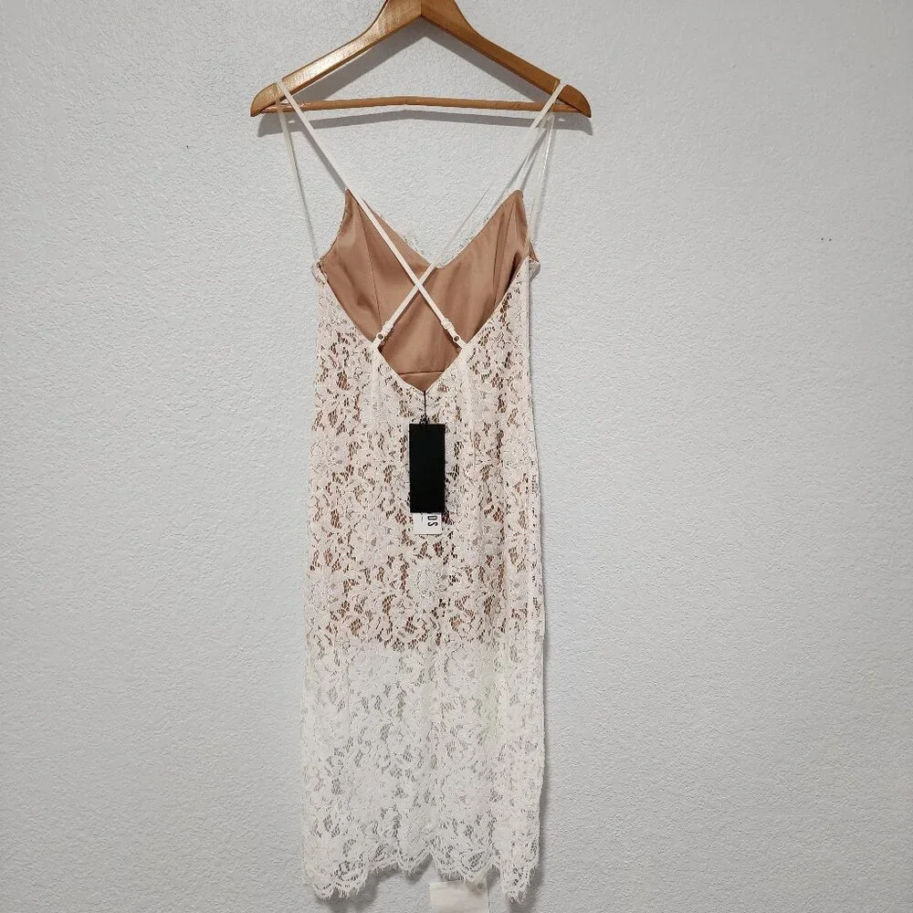DO+BE White Floral Lace Midi Dress Nude lined Small Bridal Cocktail Romantic NWT - Picture 2 of 8